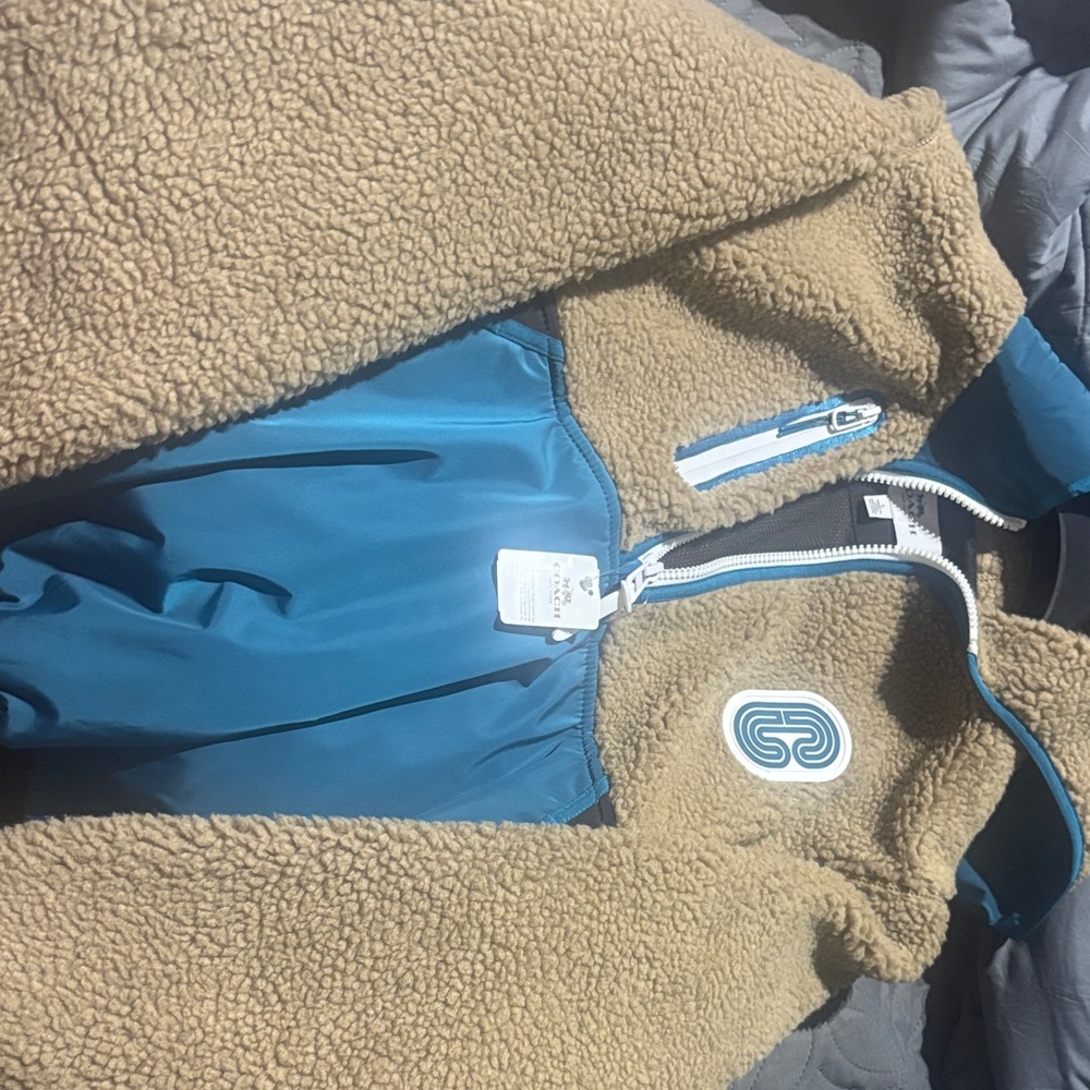 Coach Tan Sherpa Jacket with Blue Windproof Panel